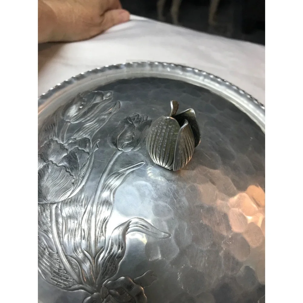 MCM Vintage hammered aluminum casserole with lid, MCM, Rodney Kent, tulip design